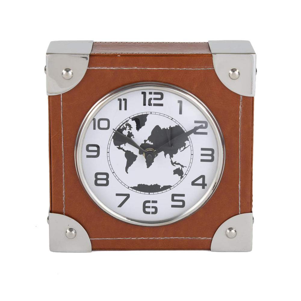 Square Leather Table Clock- Brown