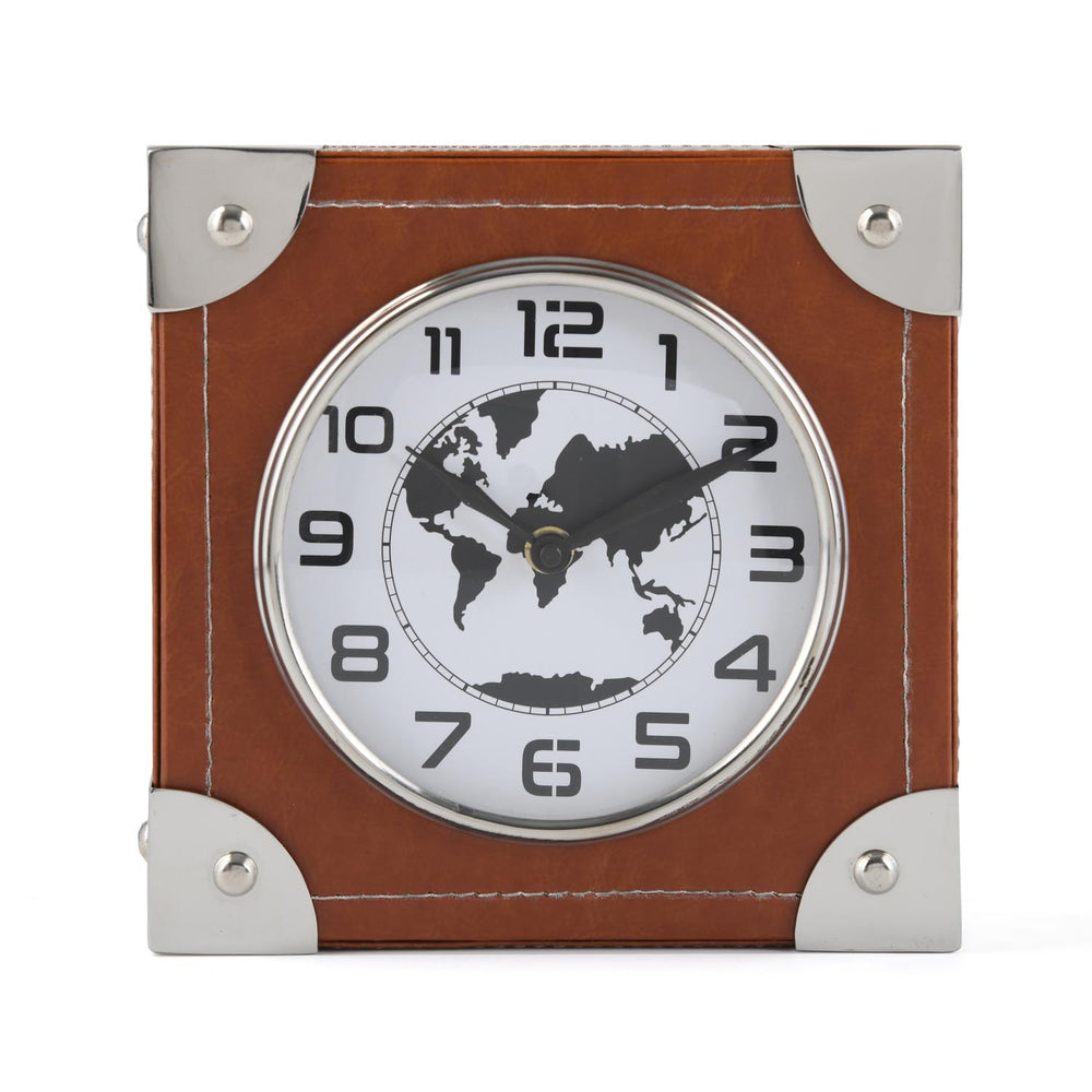 Square Leather Table Clock- Brown