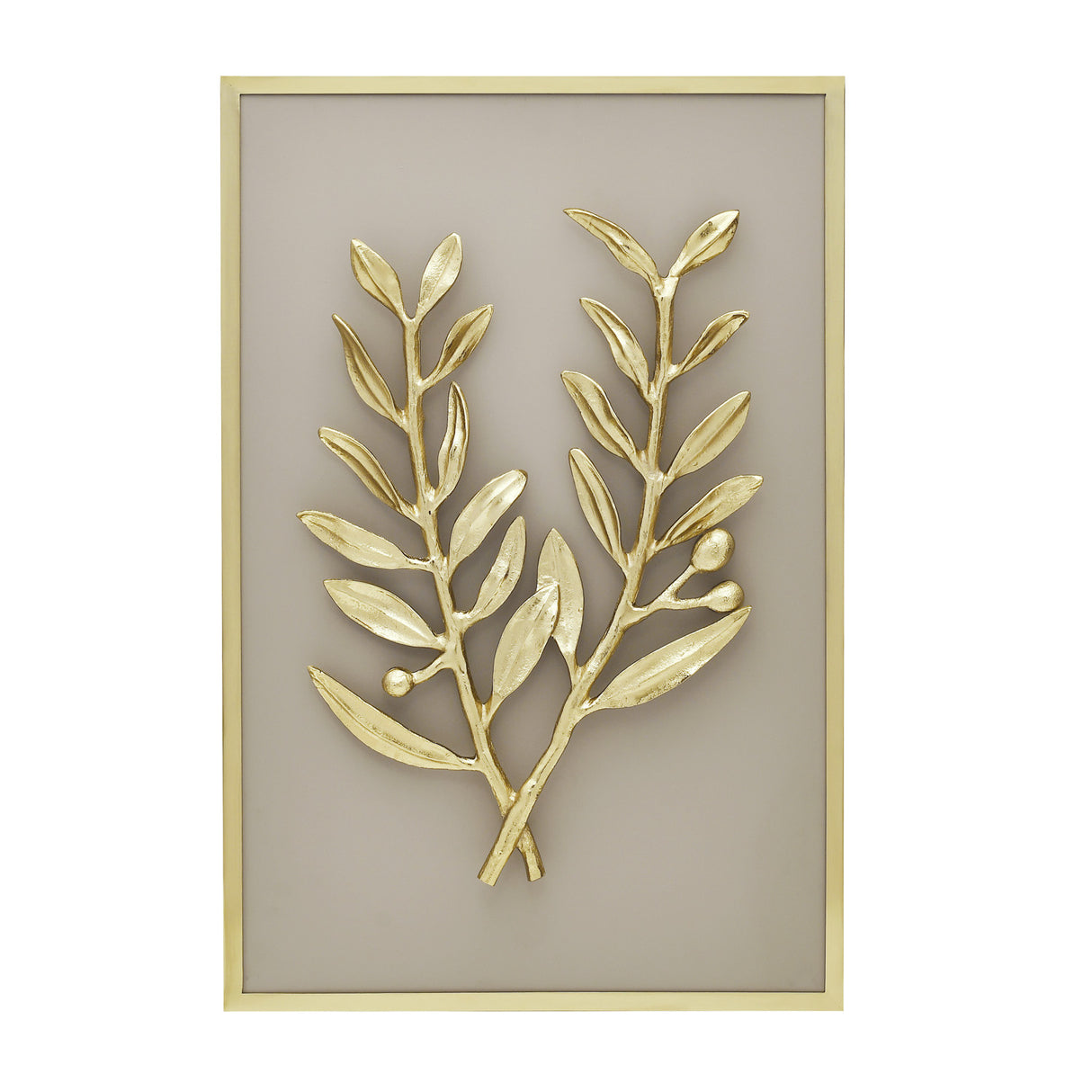 Two Branchlets Metal & MDF Wall Art (Cream & Gold) center view with white background 1