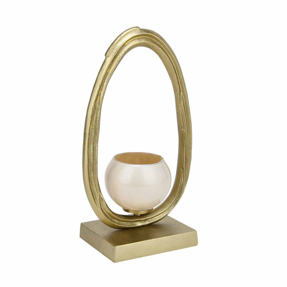 Glass Candle Holder with Metal Arch Handle Large- Cream and Gold