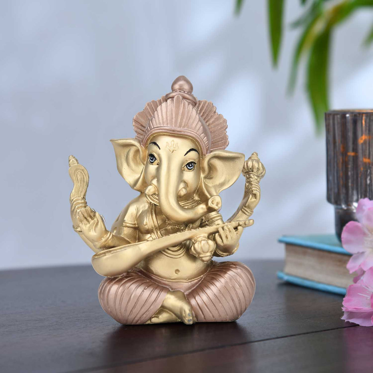 Ganesha Playing Sitar Decorative Polyresin Showpiece- Gold and Bronze
