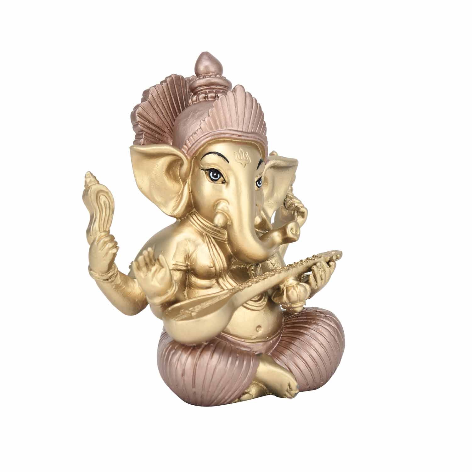 Ganesha Playing Sitar Decorative Polyresin Showpiece- Gold and Bronze