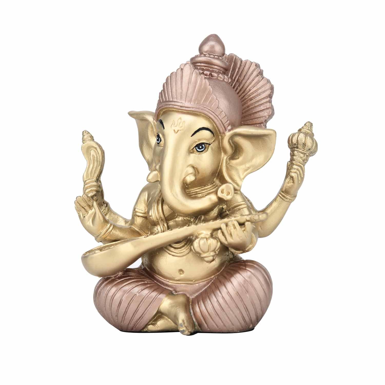 Ganesha Playing Sitar Decorative Polyresin Showpiece- Gold and Bronze