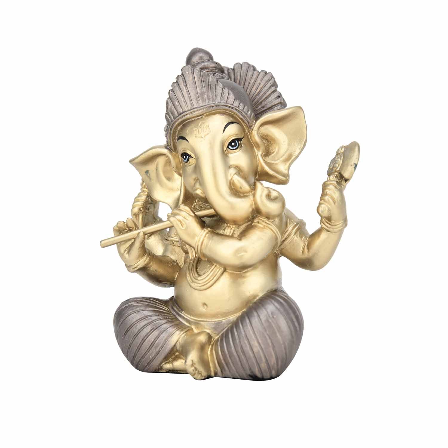Ganesha Playing Flute Decorative Polyresin Showpiece- Gold and Silver