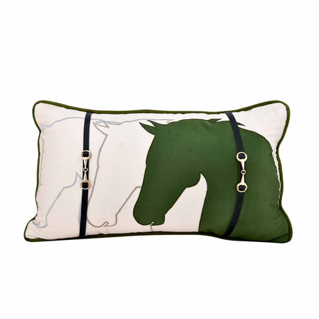 Horse Belt Pattern Velvet Filled Cushion- Green and Off-white Cushion