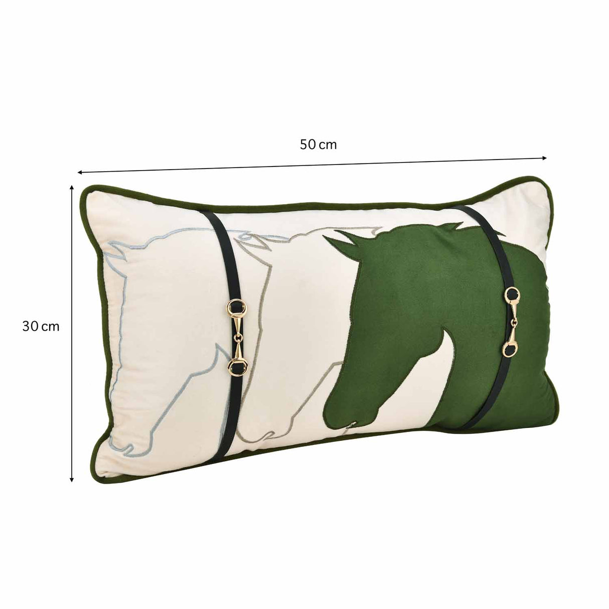 Horse Belt Pattern Velvet Filled Cushion- Green and Off-white Cushion