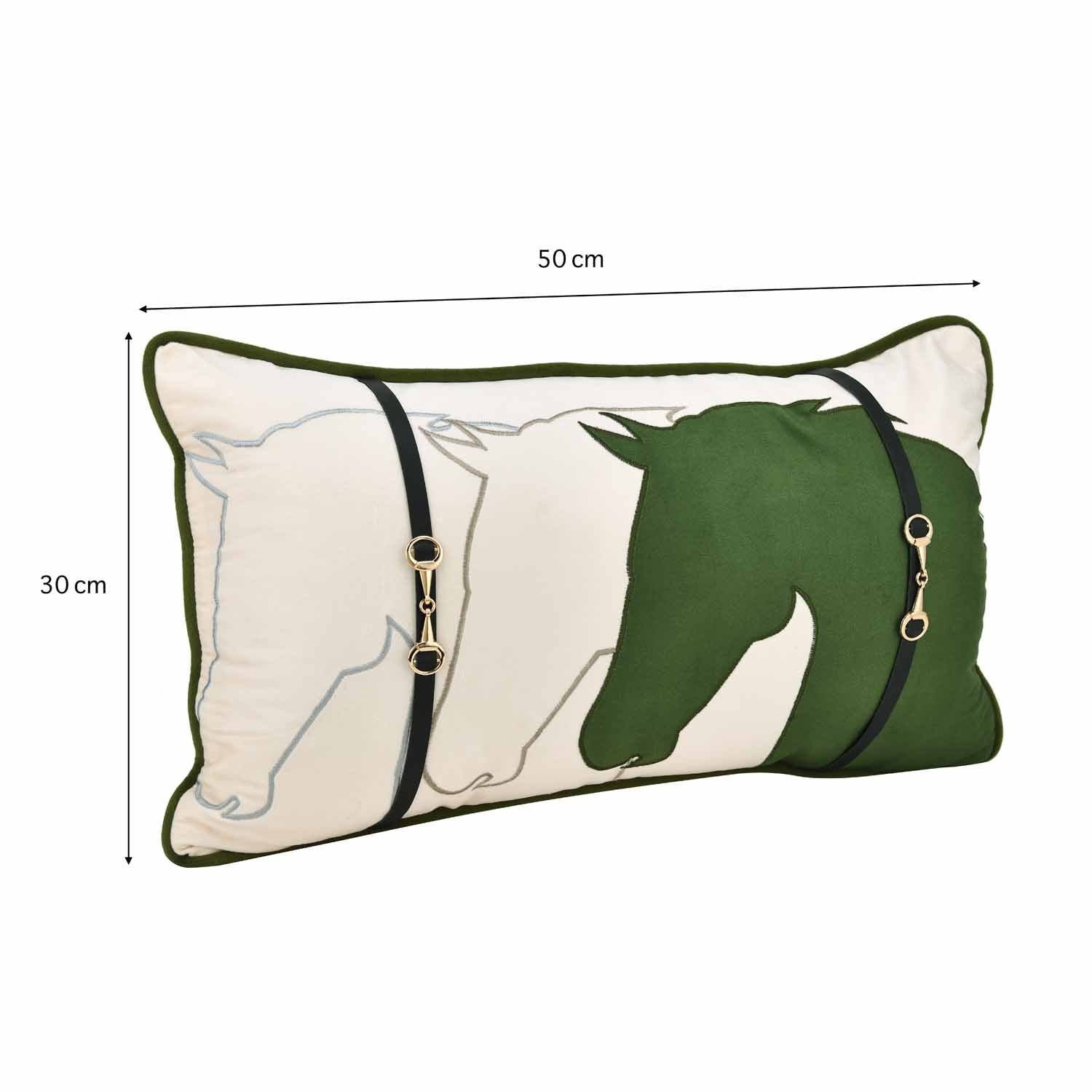 Horse Belt Pattern Velvet Filled Cushion- Green and Off-white Cushion