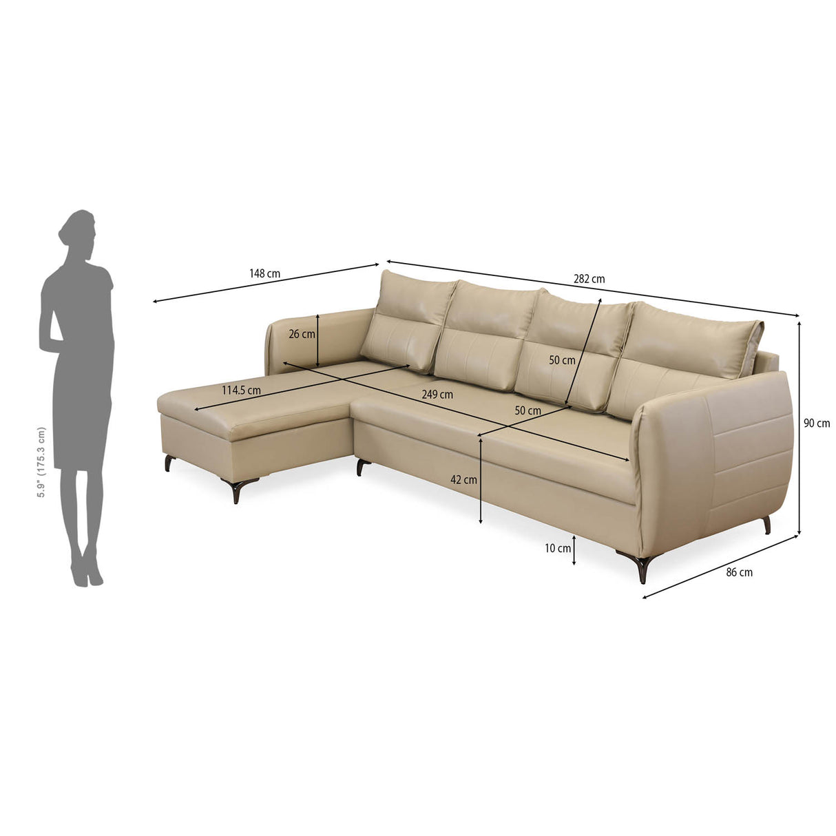 Infinia 4 Seater Leatherette Sofa with Right Lounger- Beige