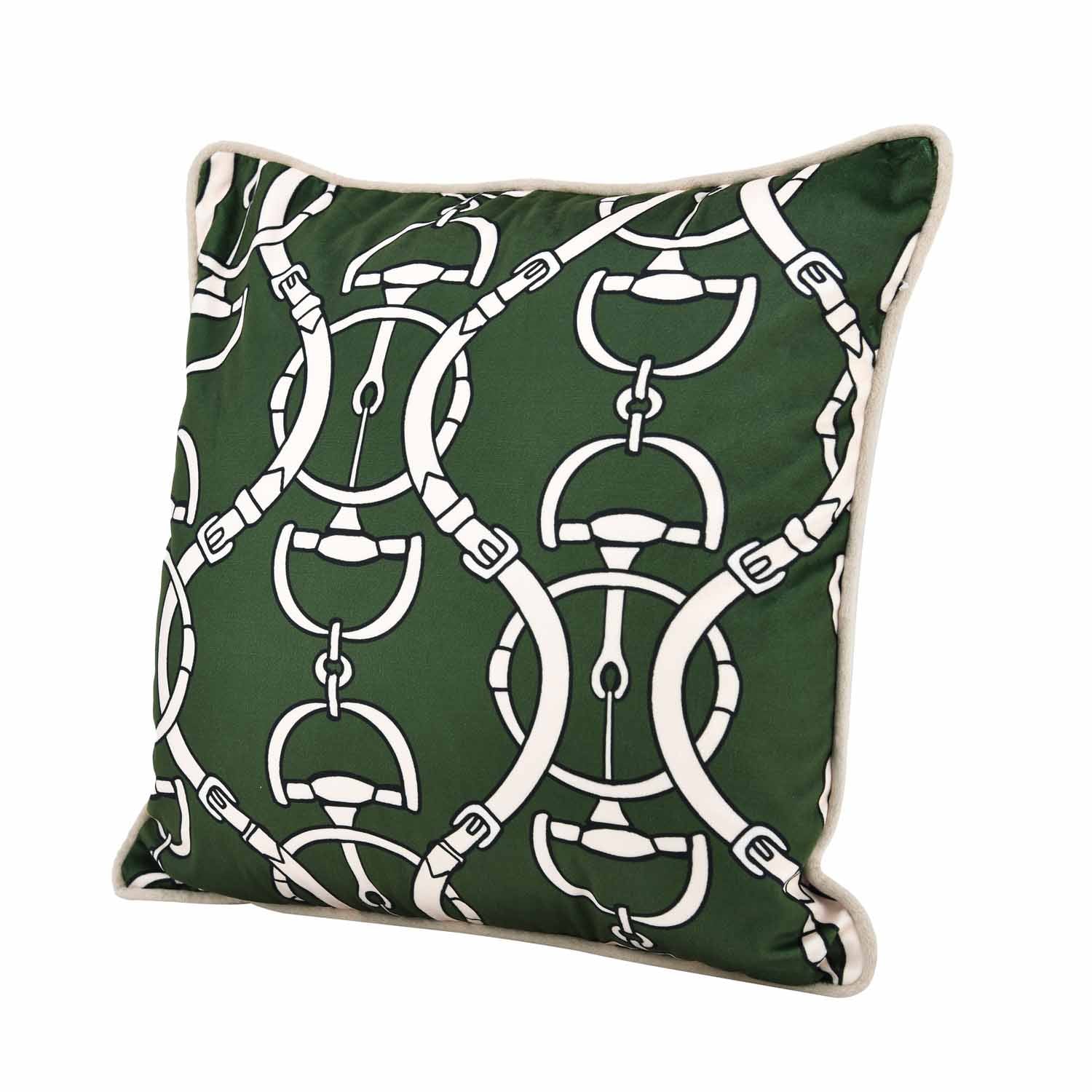 Belt Pattern Velvet Filled Cushion- Green And Off-white