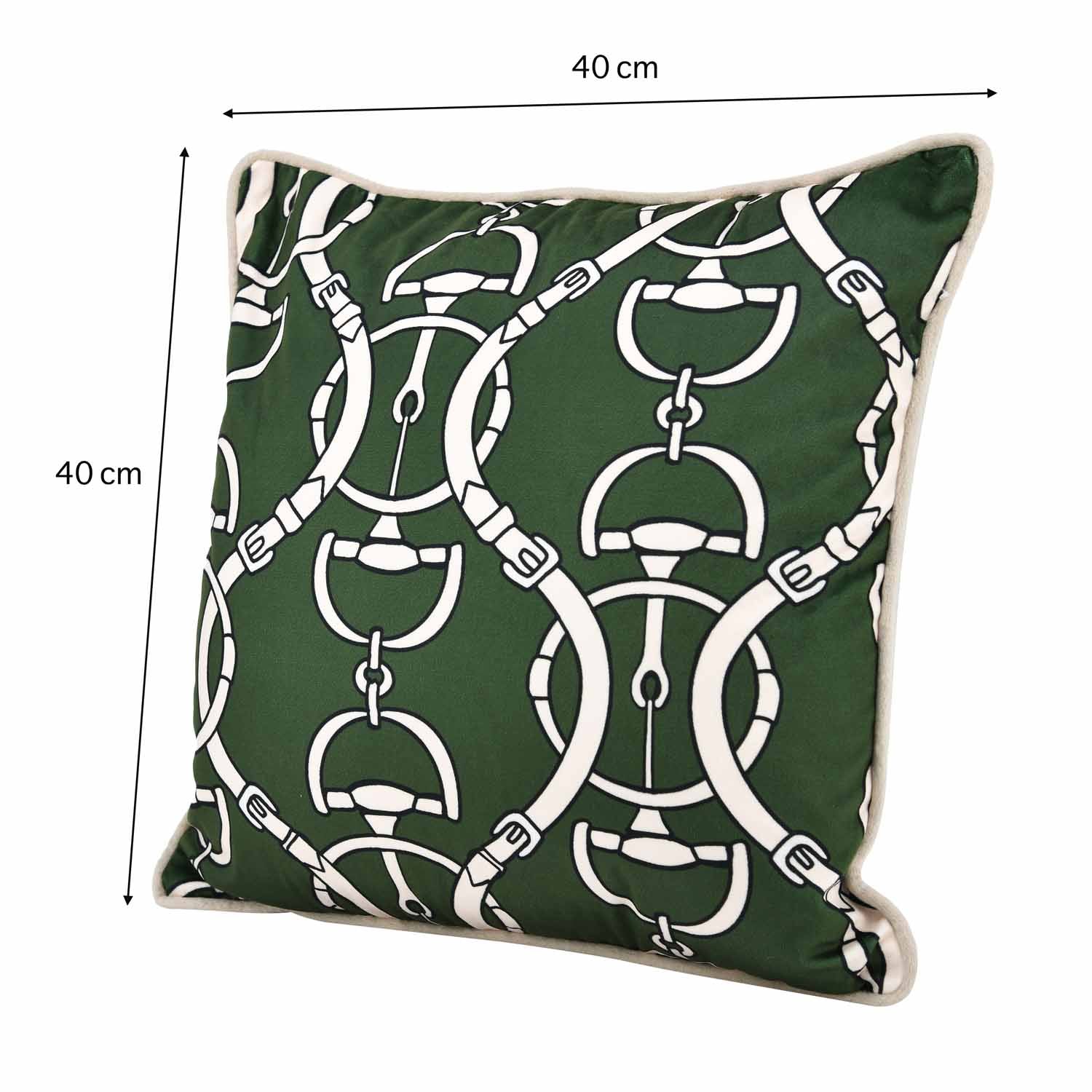 Belt Pattern Velvet Filled Cushion- Green And Off-white