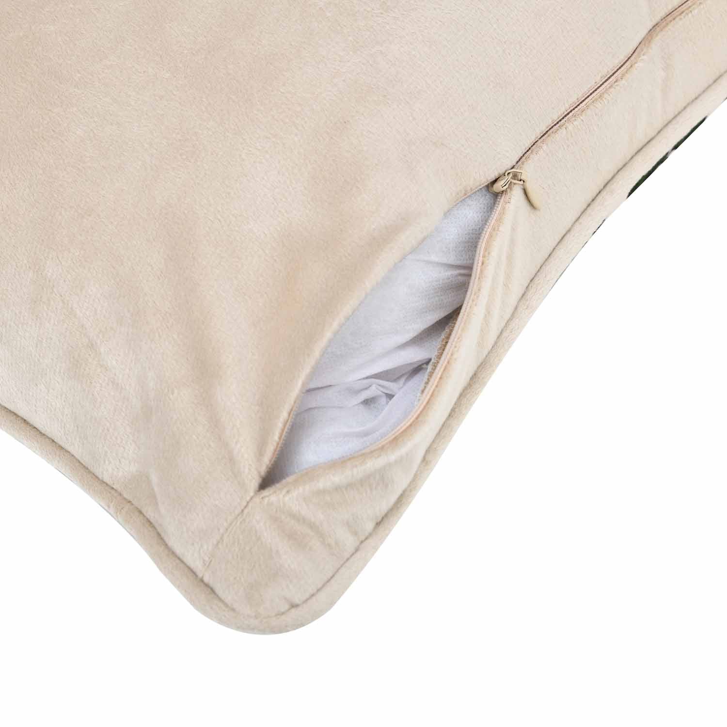 Belt Pattern Velvet Filled Cushion- Green And Off-white