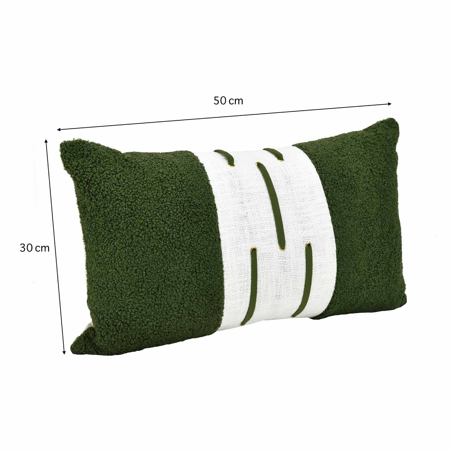 Boucle Fabric Filled Cushion- Green And Off-white