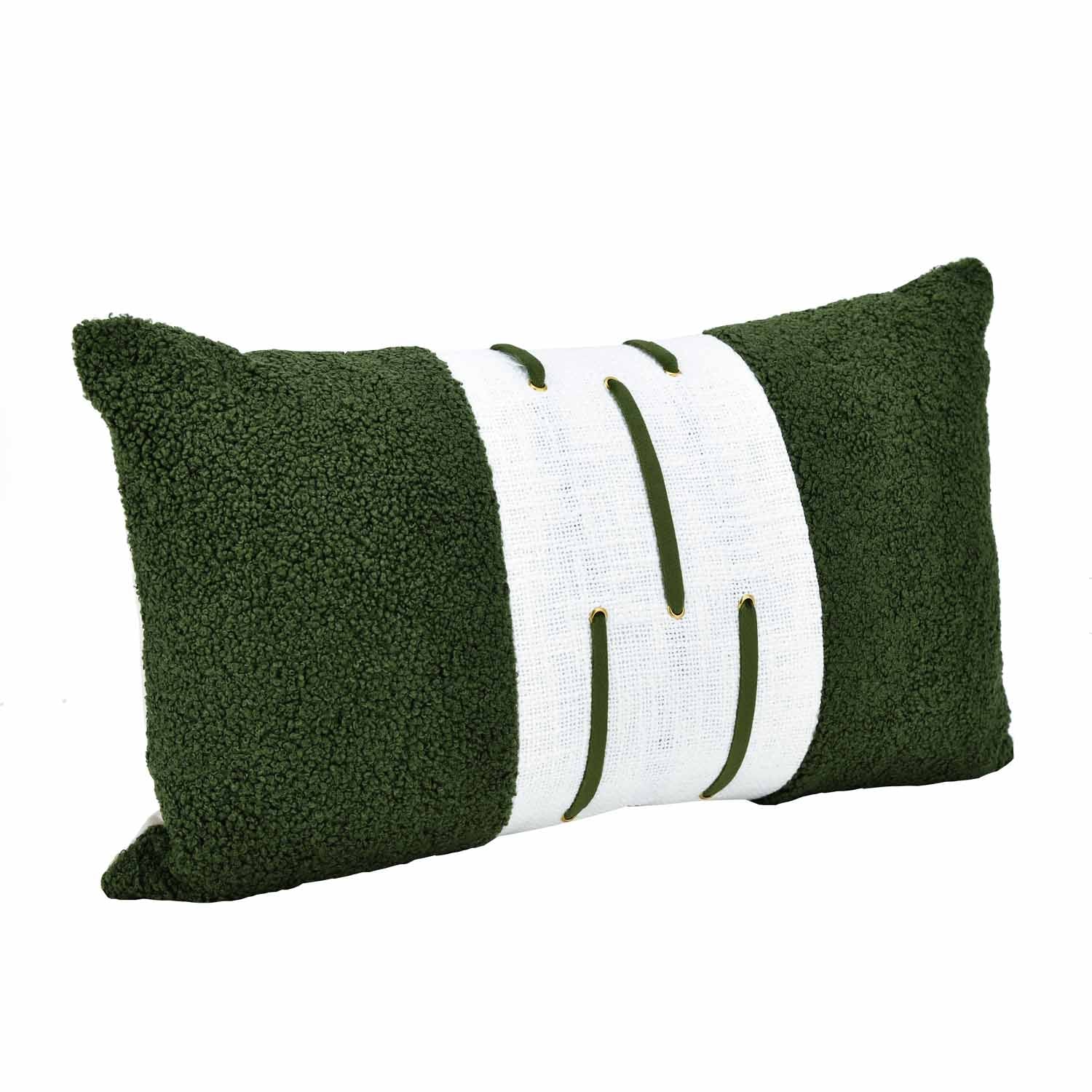 Boucle Fabric Filled Cushion- Green And Off-white