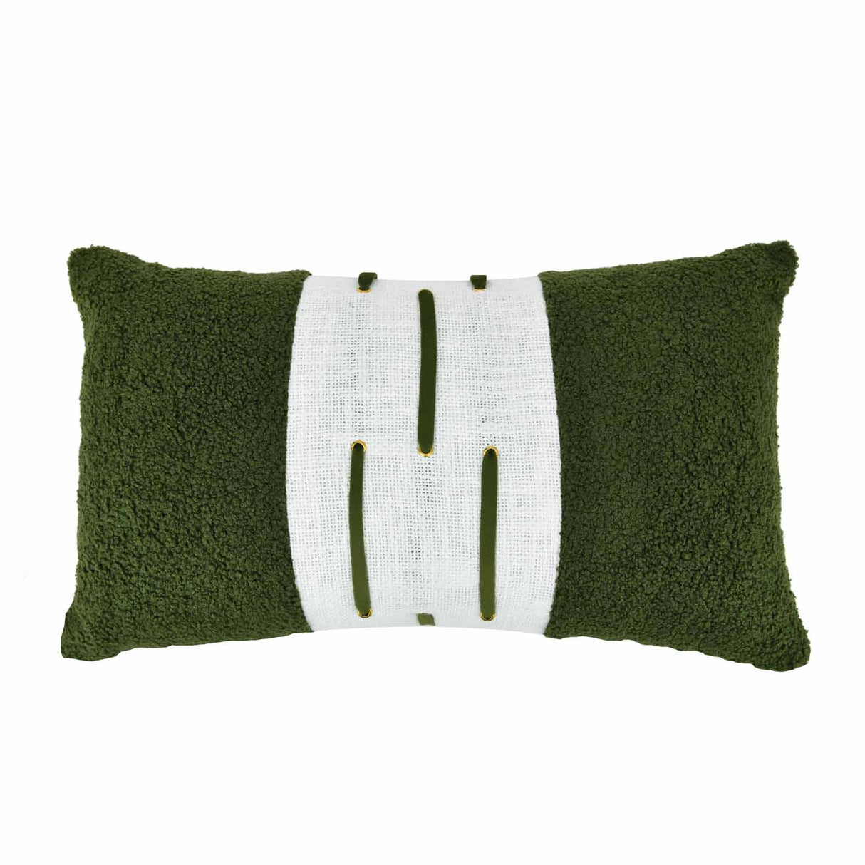 Boucle Fabric Filled Cushion- Green And Off-white