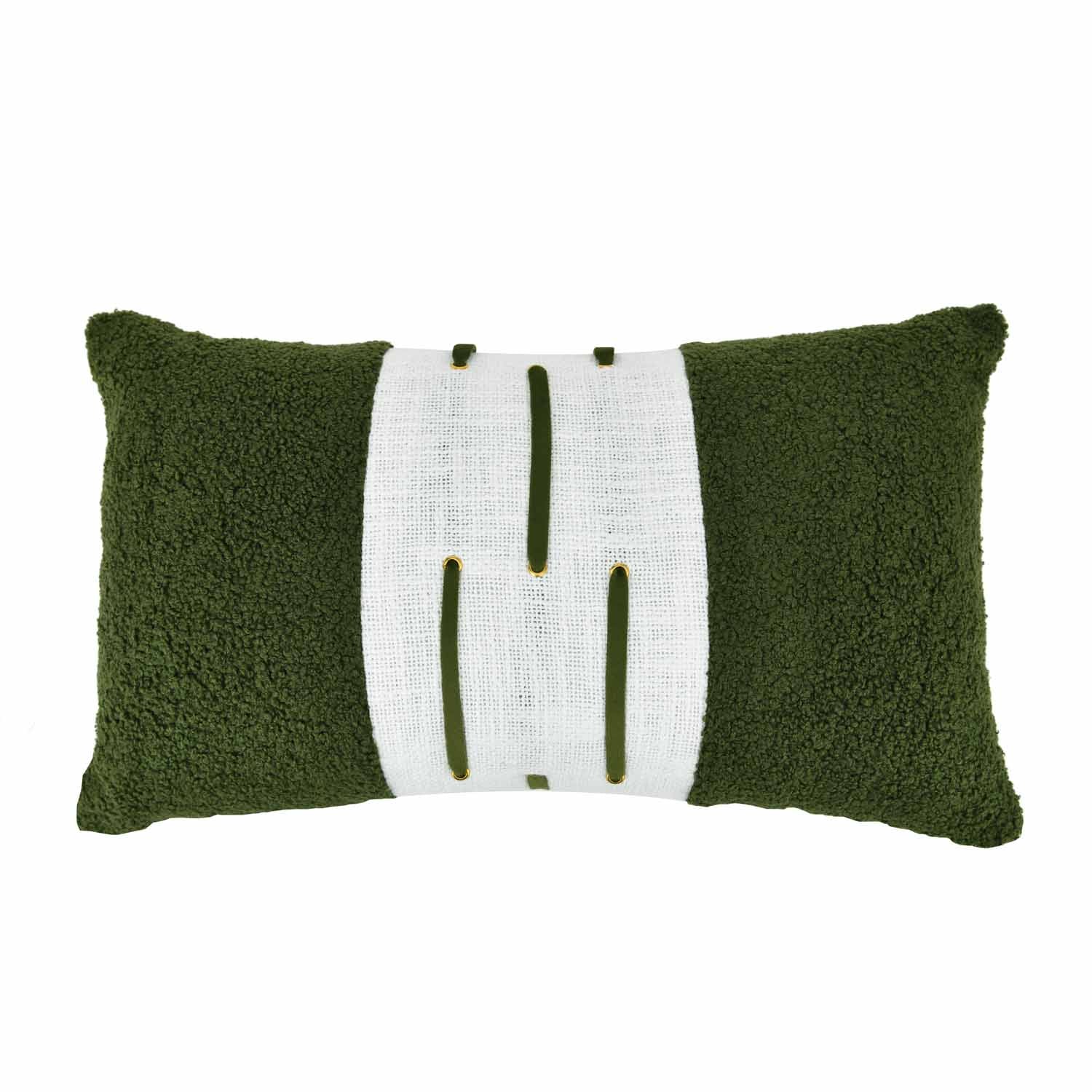 Boucle Fabric Filled Cushion- Green And Off-white