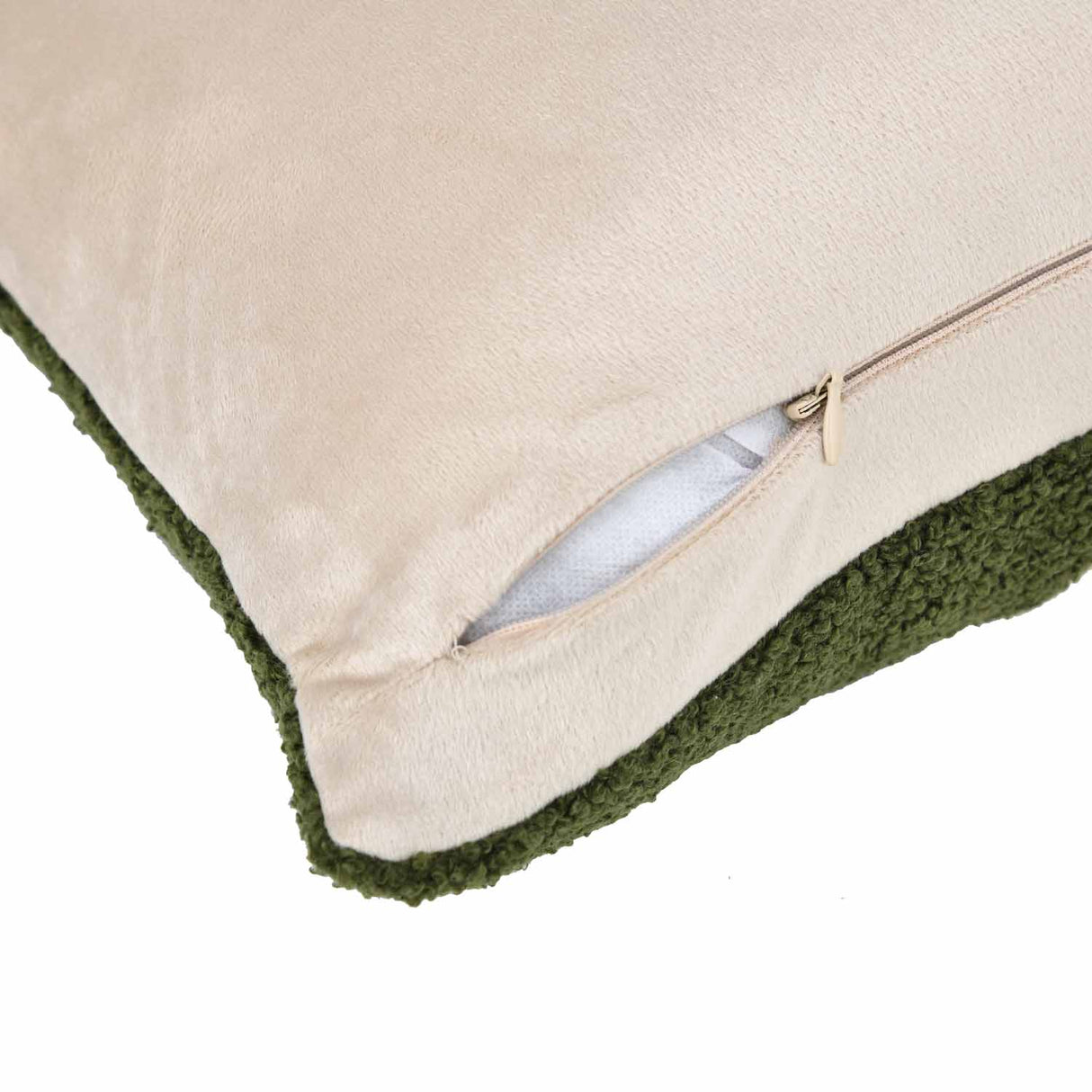 Boucle Fabric Filled Cushion- Green And Off-white