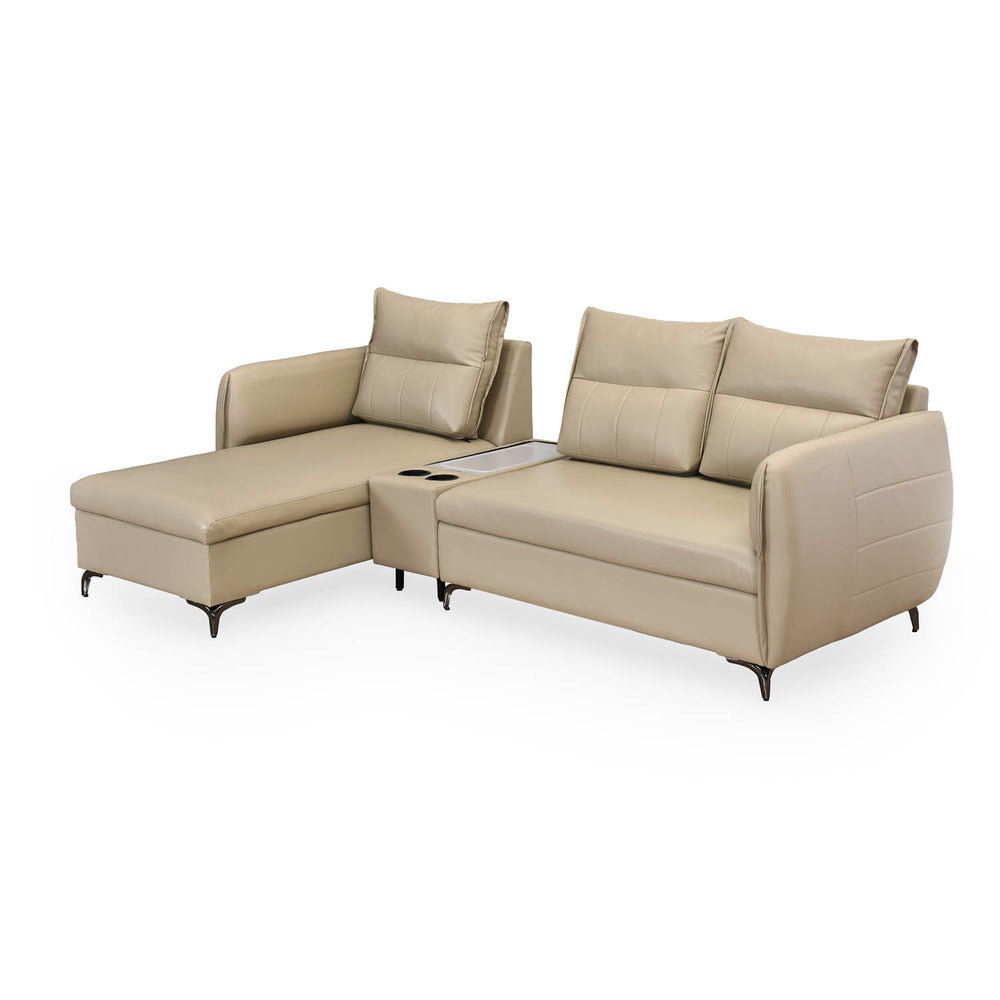 Infinia 3 Seater Leatherette Sofa with Right Lounger and Rectangle Console- Beige