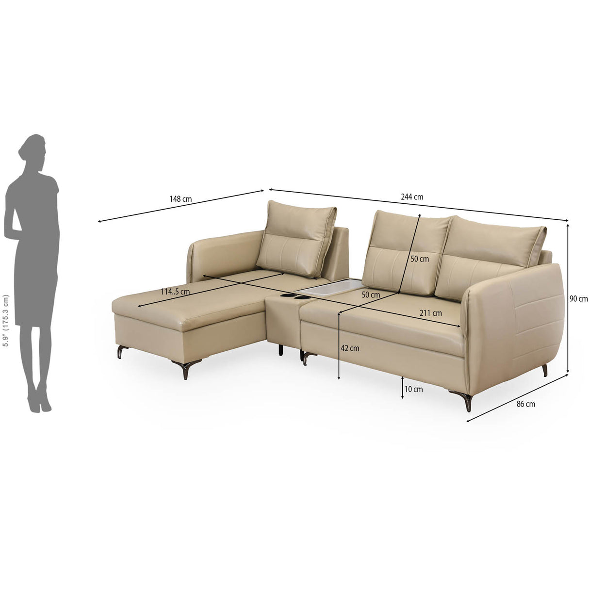 Infinia 3 Seater Leatherette Sofa with Right Lounger and Rectangle Console- Beige