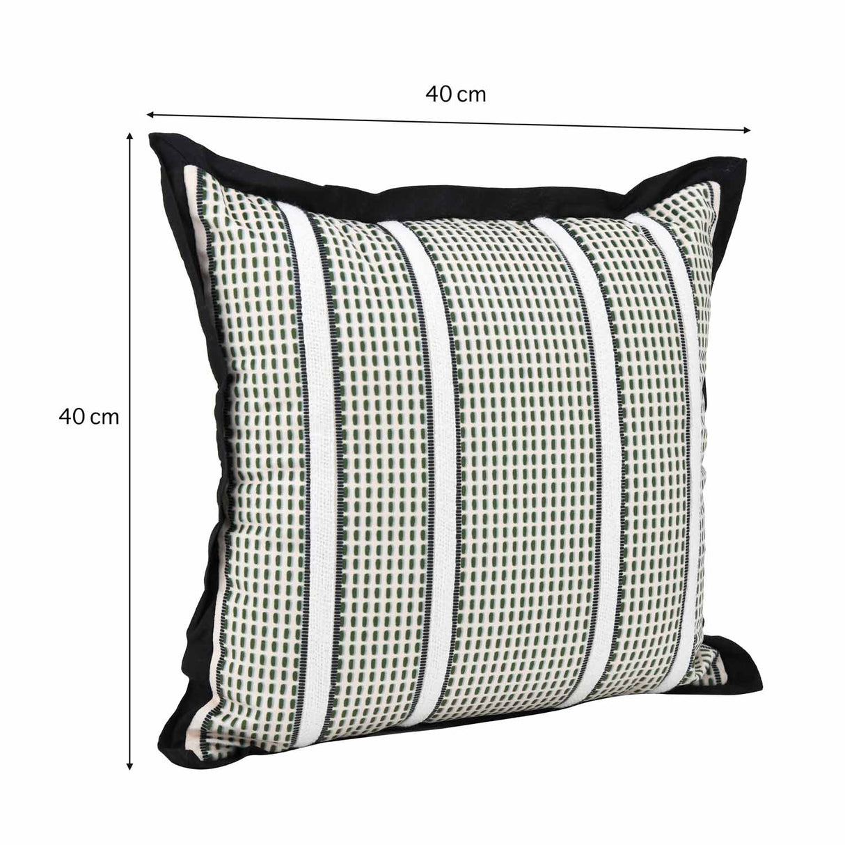 Textured Net Striped Velvet Filled Cushion- Green