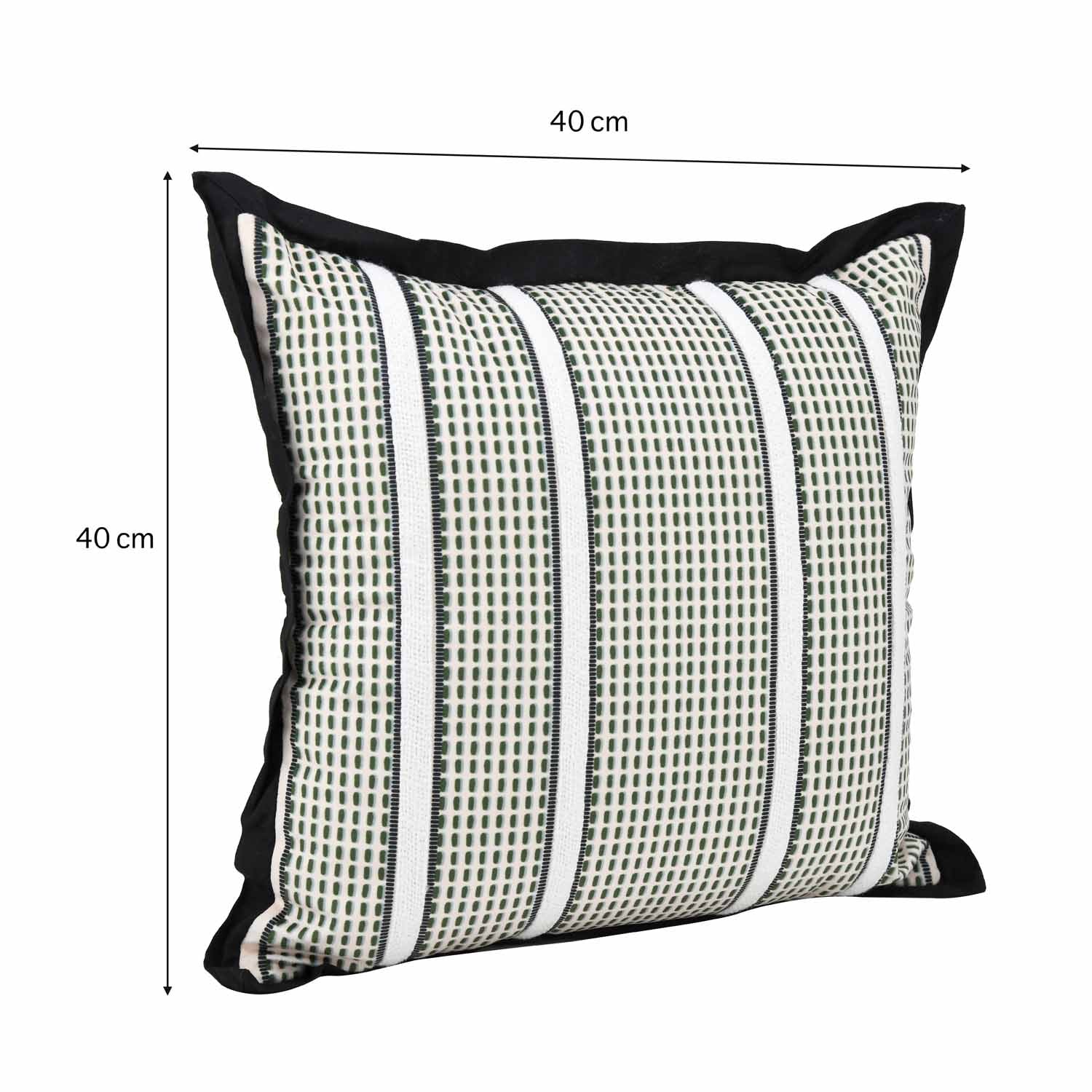 Textured Net Striped Velvet Filled Cushion- Green