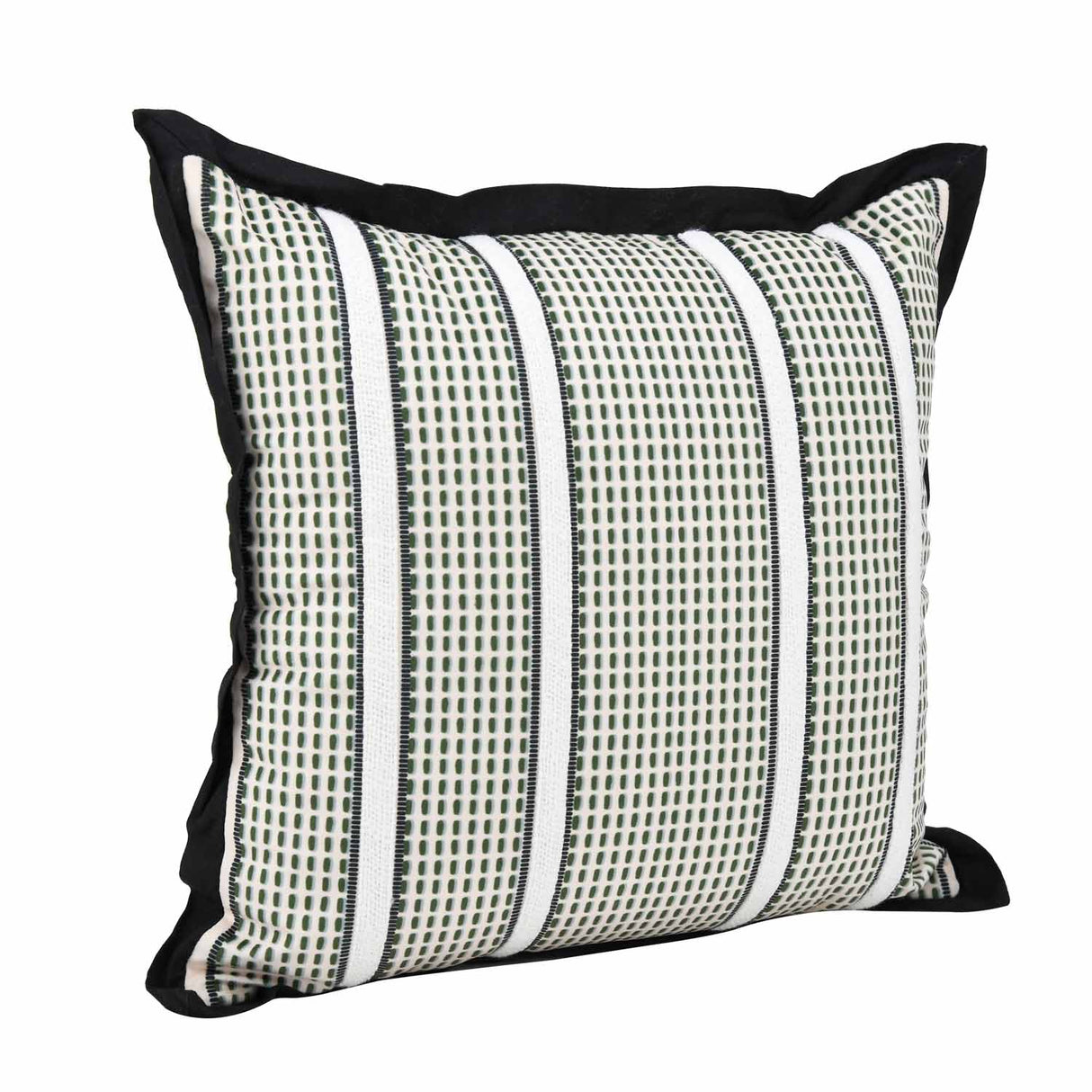 Textured Net Striped Velvet Filled Cushion- Green