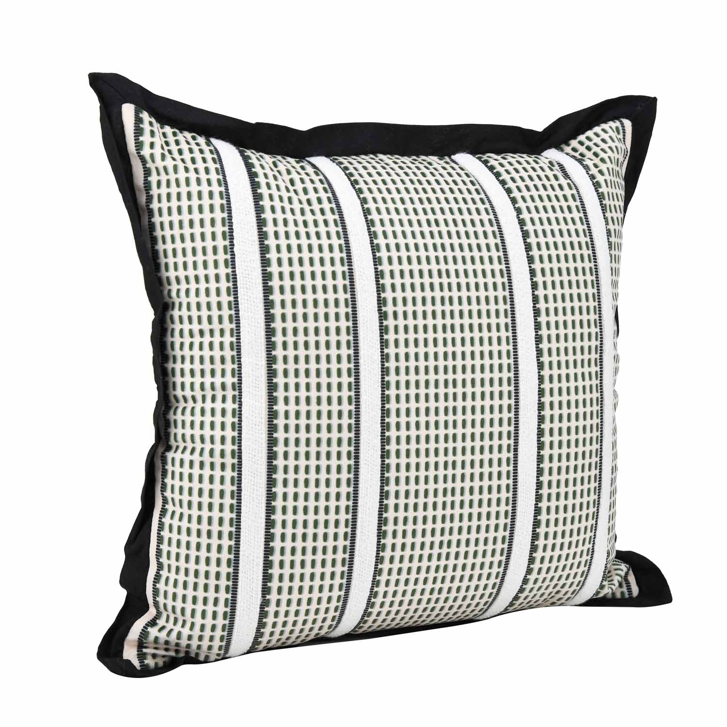 Textured Net Striped Velvet Filled Cushion- Green