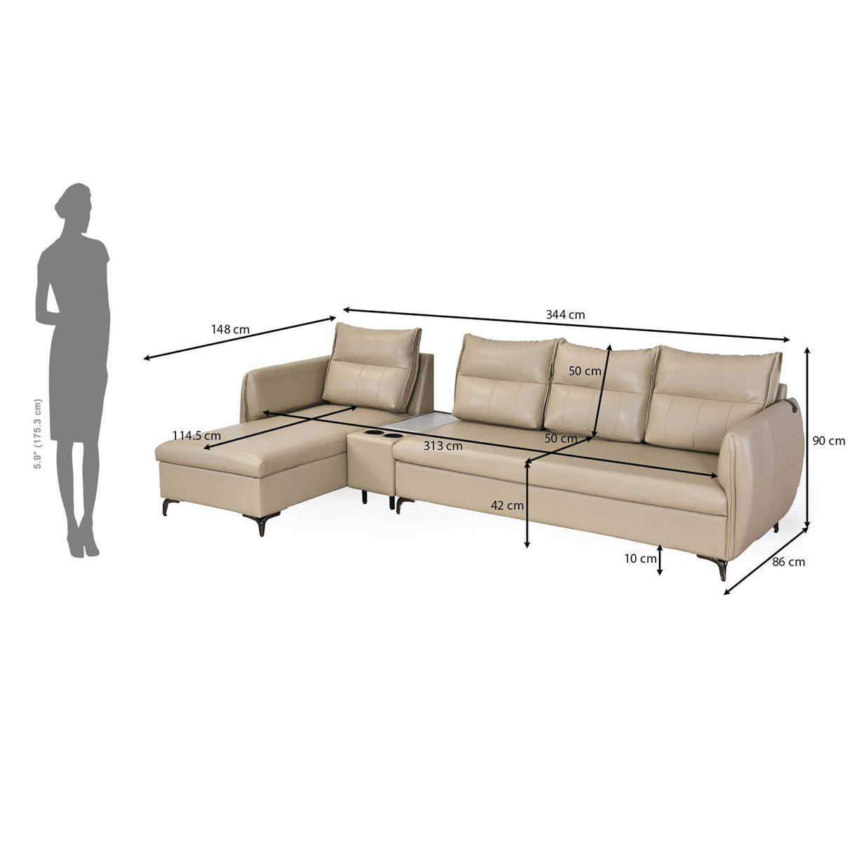 Infinia 4 Seater Leatherette Sofa with Right Lounger and Rectangle Console- Beige