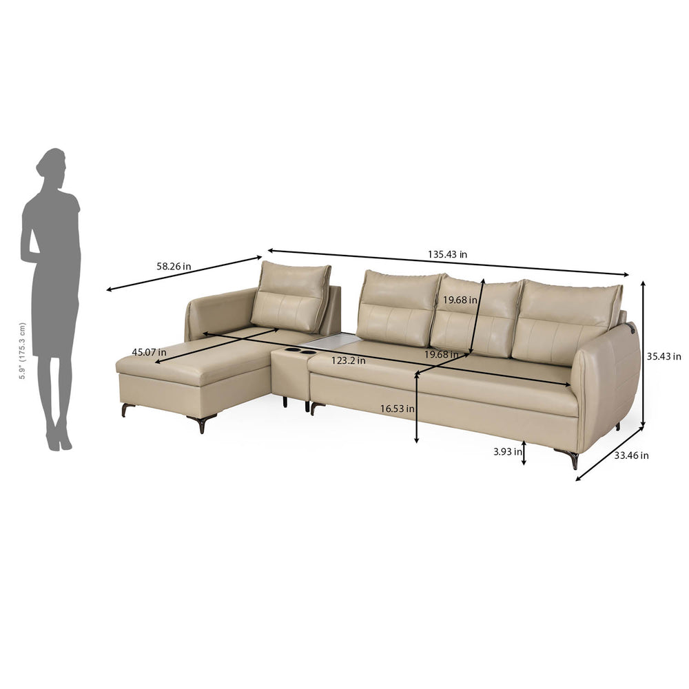 Infinia 4 Seater Leatherette Sofa with Right Lounger and Rectangle Console- Beige