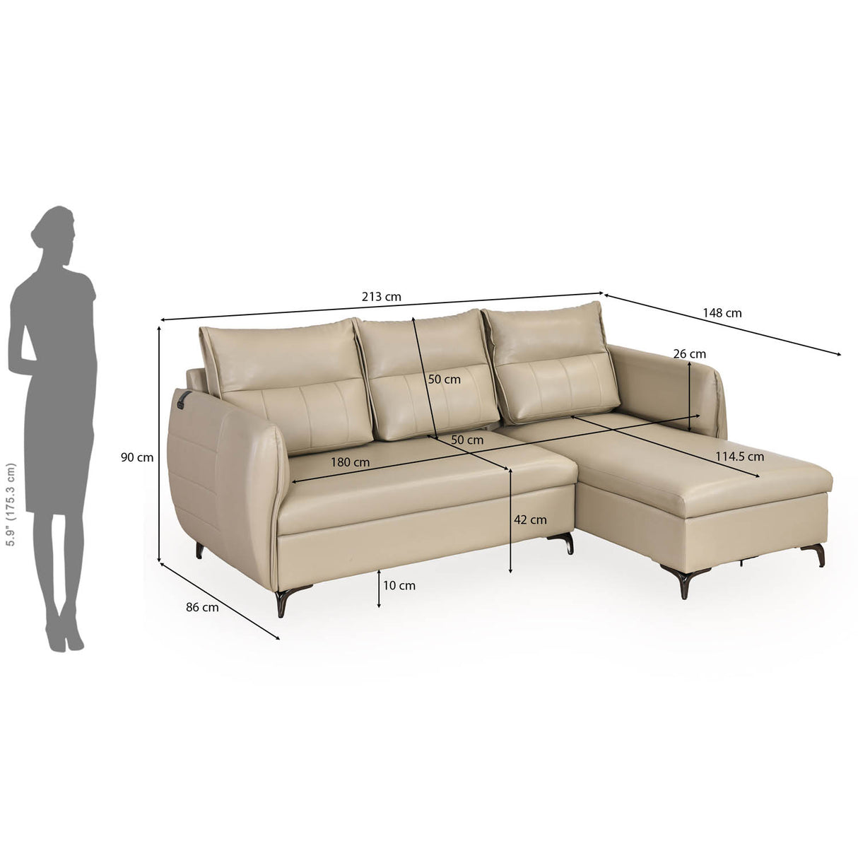 Infinia 3 Seater Leatherette Sofa with Left Lounger- Beige