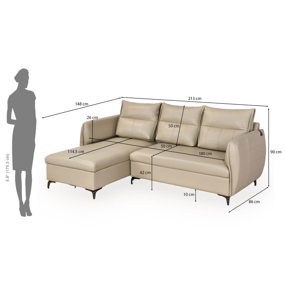 Infinia 3 Seater Leatherette Sofa with Right Lounger- Beige