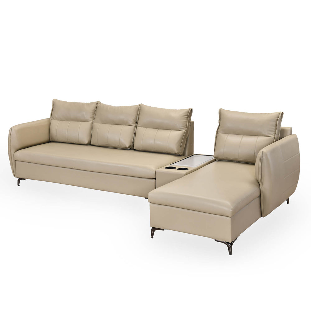 Infinia 4 Seater Leatherette Sofa with Left Lounger and Rectangle Console- Beige