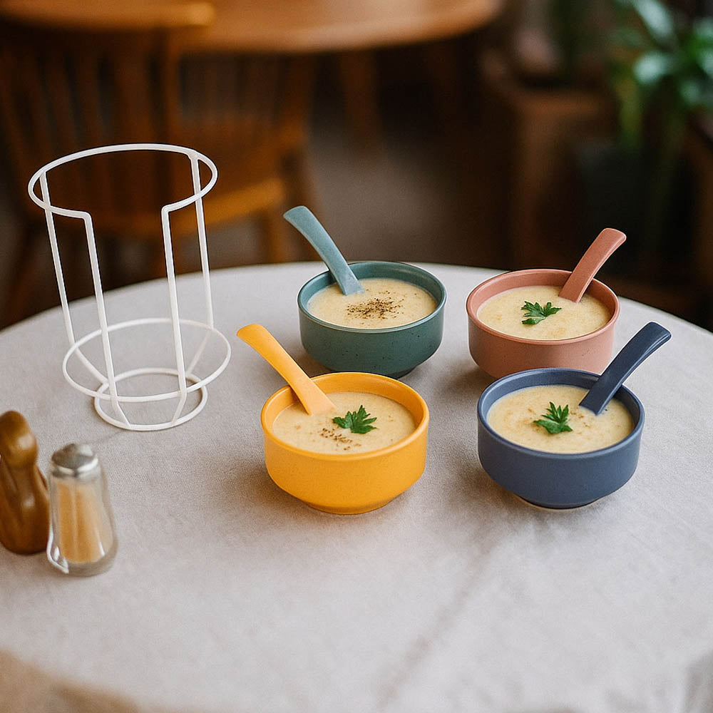 Ceramic Soup Bowl with Spoon Set of 4- Multicolor