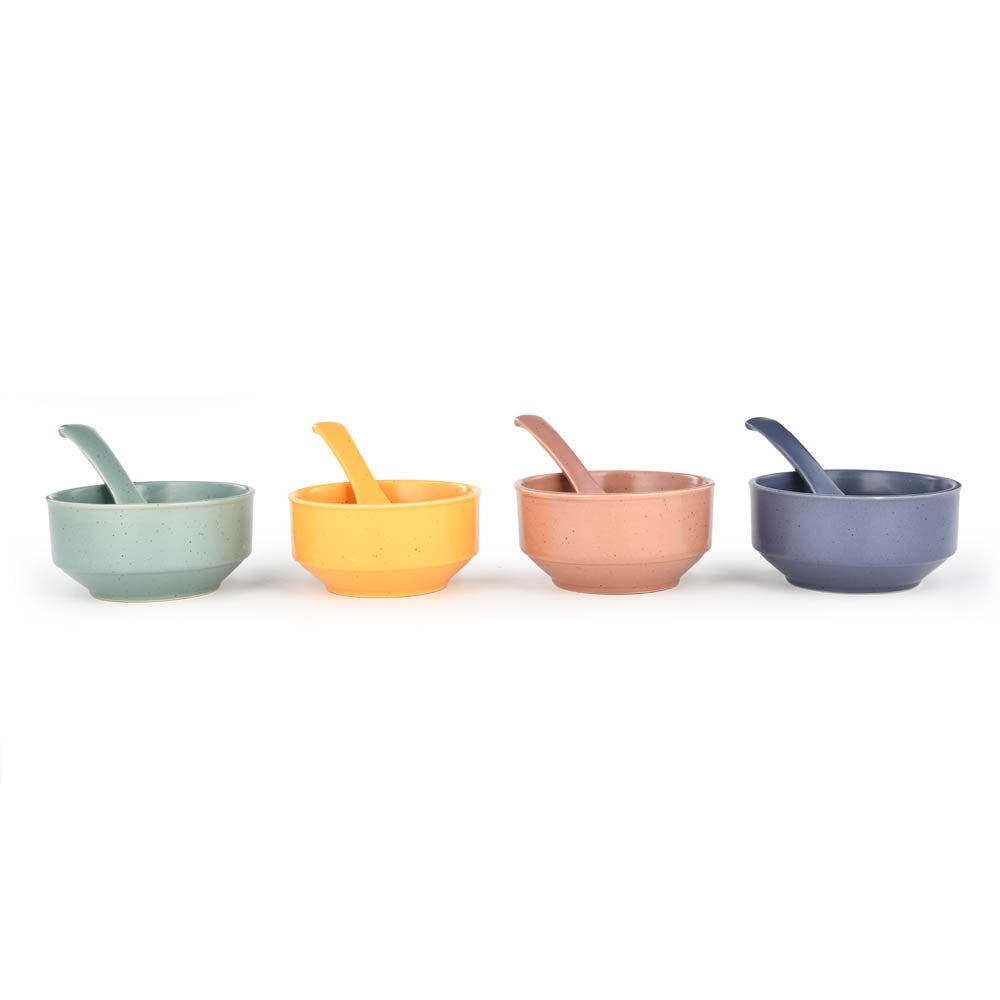 Ceramic Soup Bowl with Spoon Set of 4- Multicolor