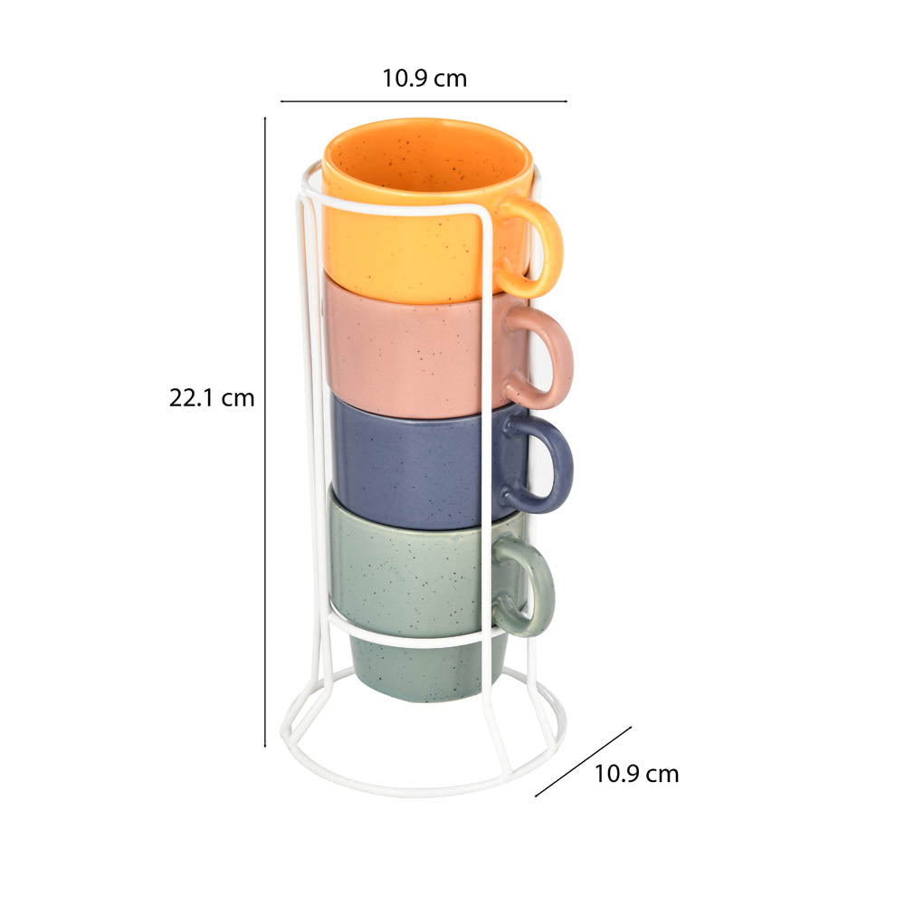 Ceramic Set of 4 Tea Cups with Stand- Multicolor
