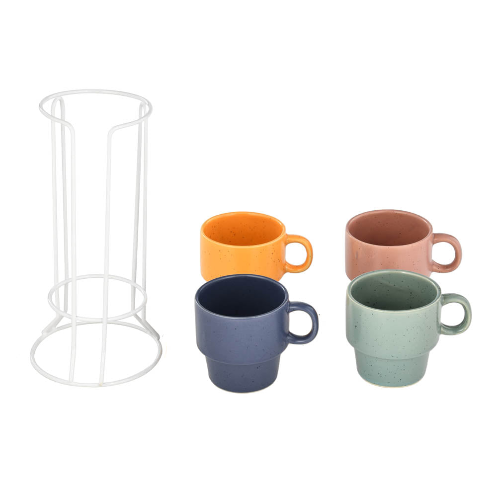 Ceramic Set of 4 Tea Cups with Stand- Multicolor
