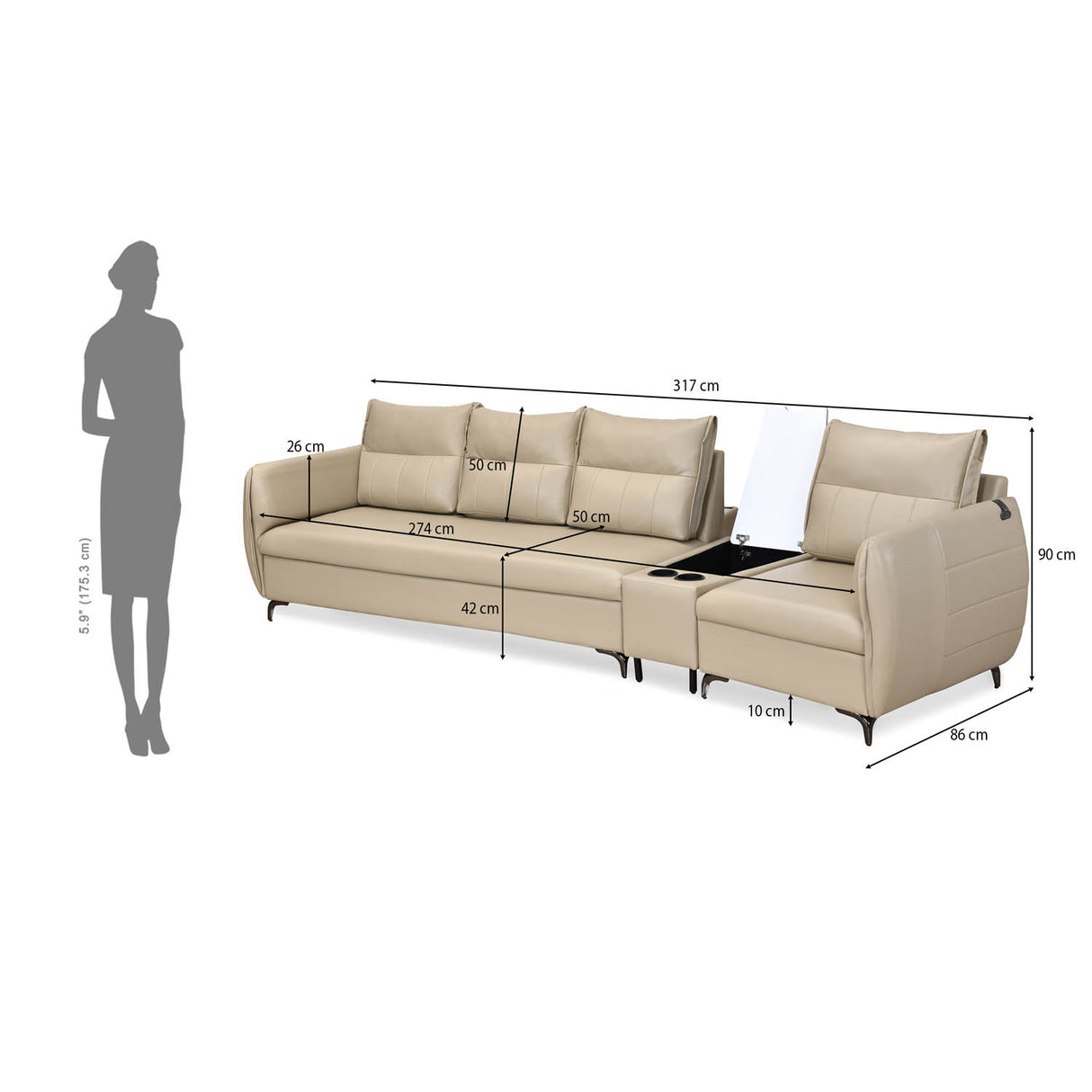 Infinia 3+1 Seater Leatherette Sofa Set with Triangle Console- Beige