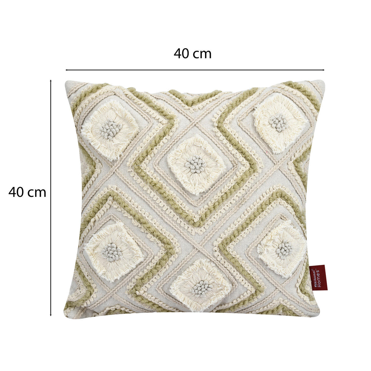 Geometric Embroidered Cotton & Polyester 16" x 16" Cushion Cover (Beige)