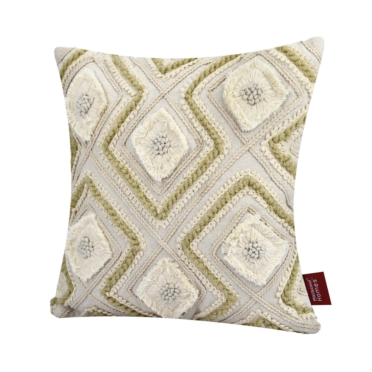 Geometric Embroidered Cotton & Polyester 16" x 16" Cushion Cover (Beige)