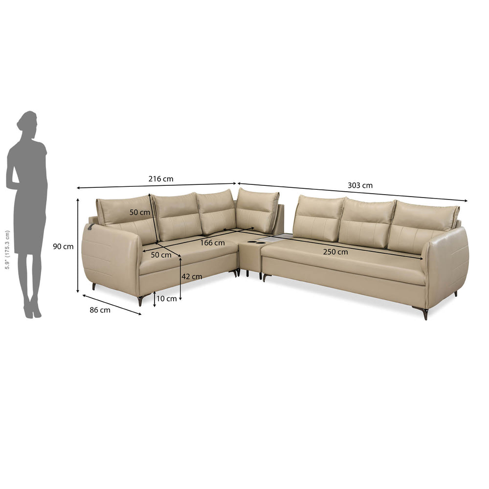 Infinia 3+2+1 Seater Leatherette Sofa Set with Right Corner Sofa and Rectangle Console- Beige
