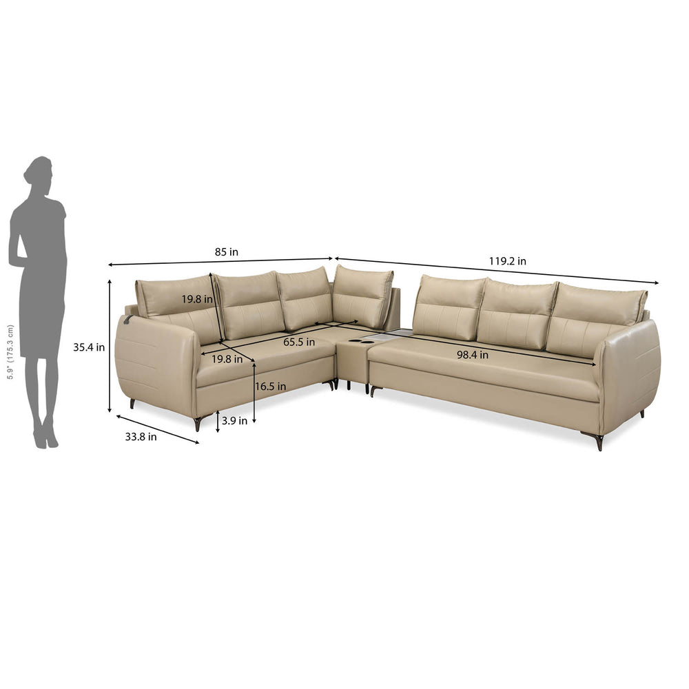 Infinia 3+2+1 Seater Leatherette Sofa Set with Right Corner Sofa and Rectangle Console- Beige