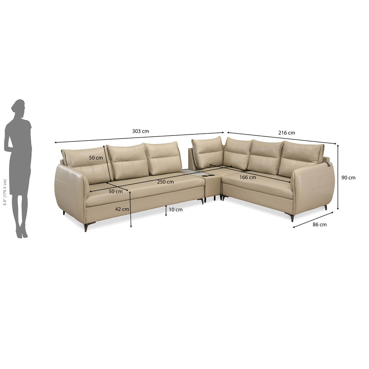 Infinia 3+2+1 Seater Leatherette Sofa Set with Left Corner Sofa and Rectangle Console- Beige