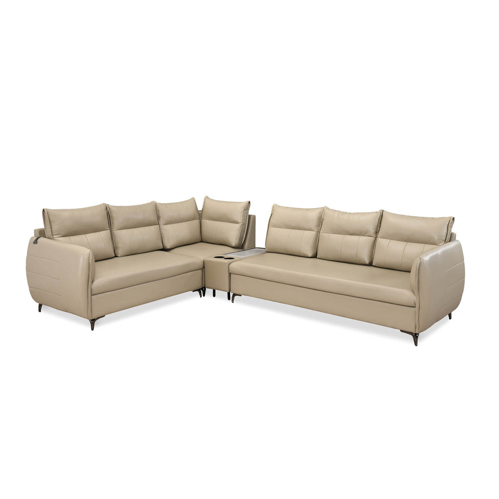 Infinia 3+2+1 Seater Leatherette Sofa Set with Right Corner Sofa and Rectangle Console- Beige