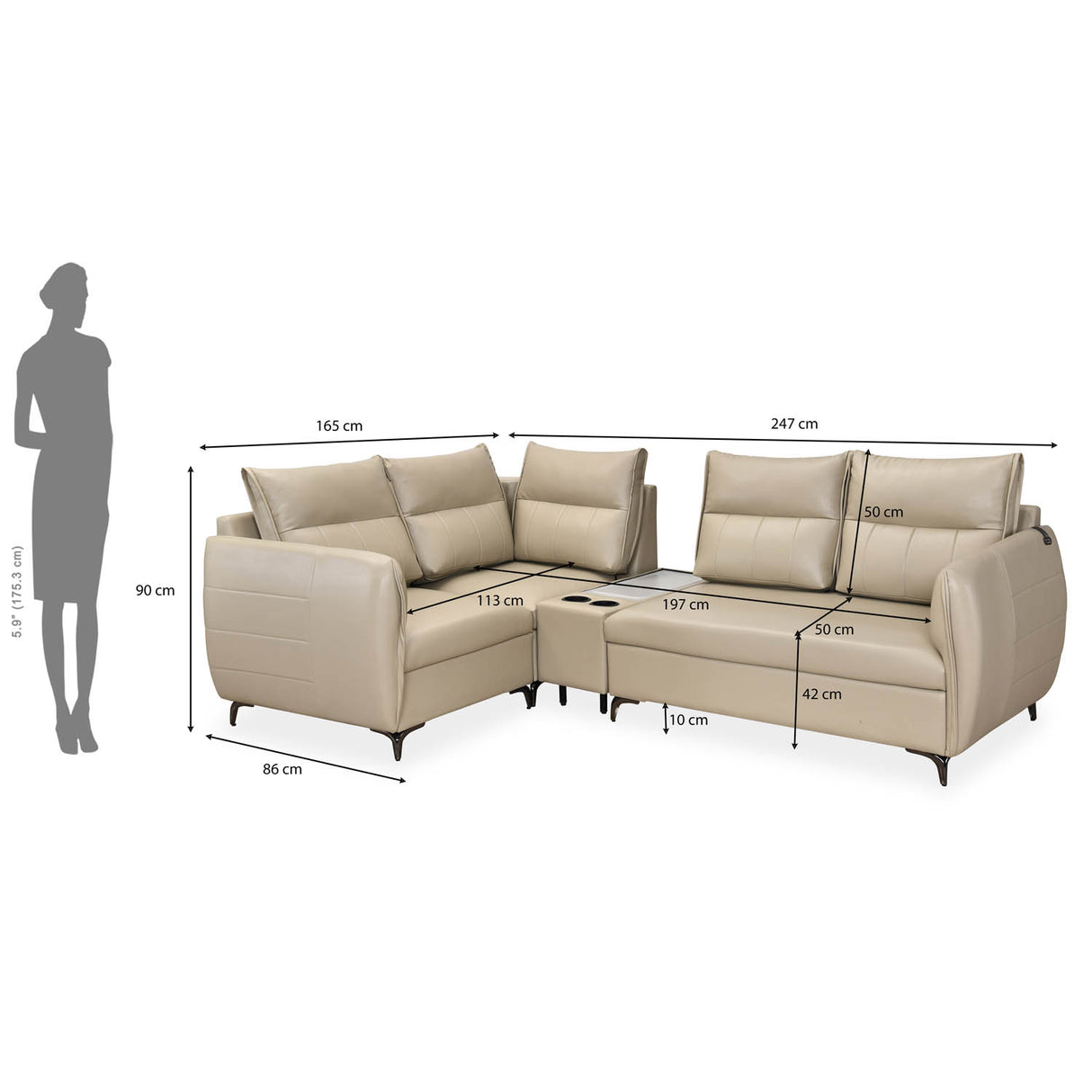 Infinia 2+1+1 Seater Leatherette Sofa Set with Right Corner Sofa and Rectangle Console- Beige