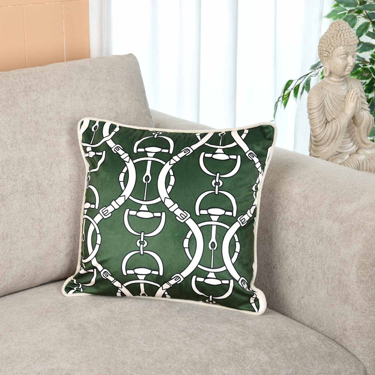 Belt Pattern Velvet Filled Cushion- Green And Off-white