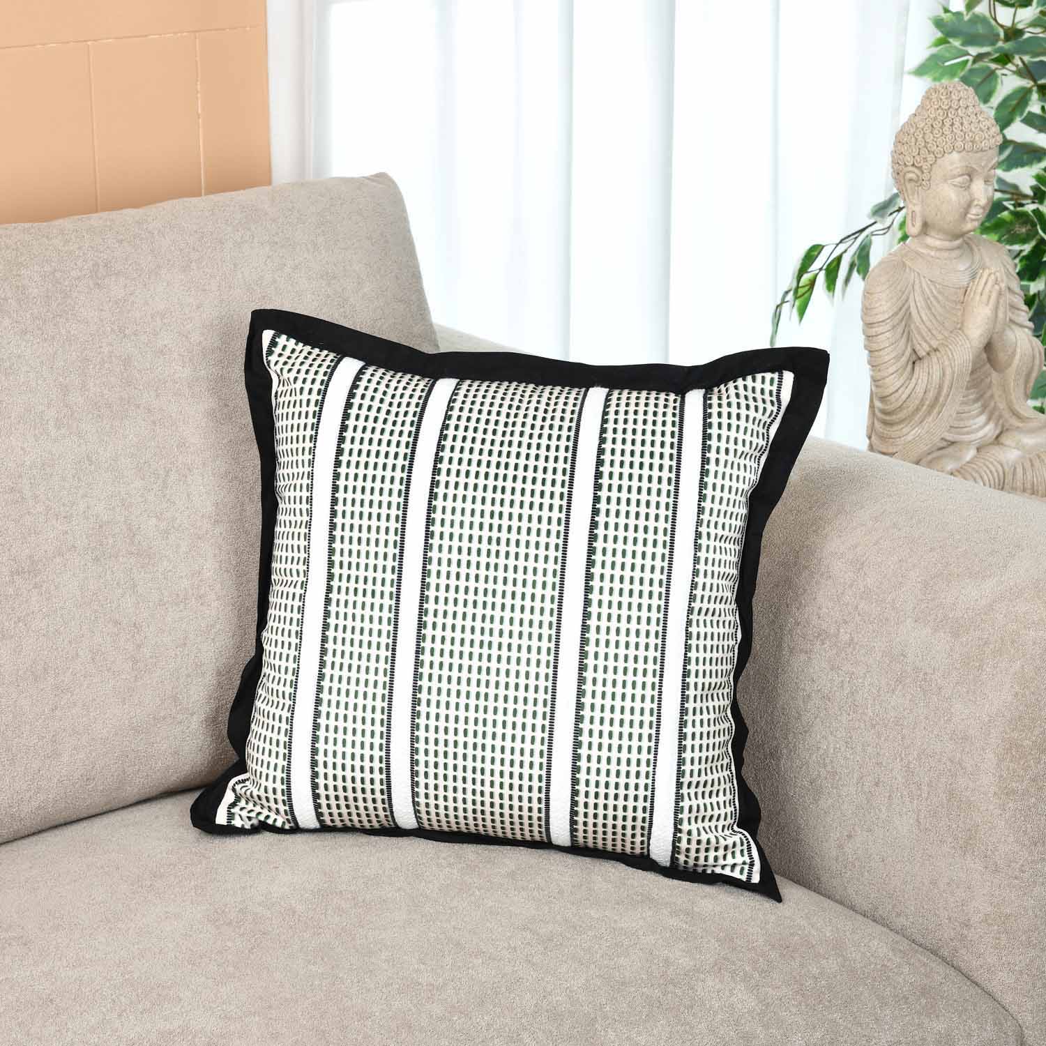 Textured Net Striped Velvet Filled Cushion- Green