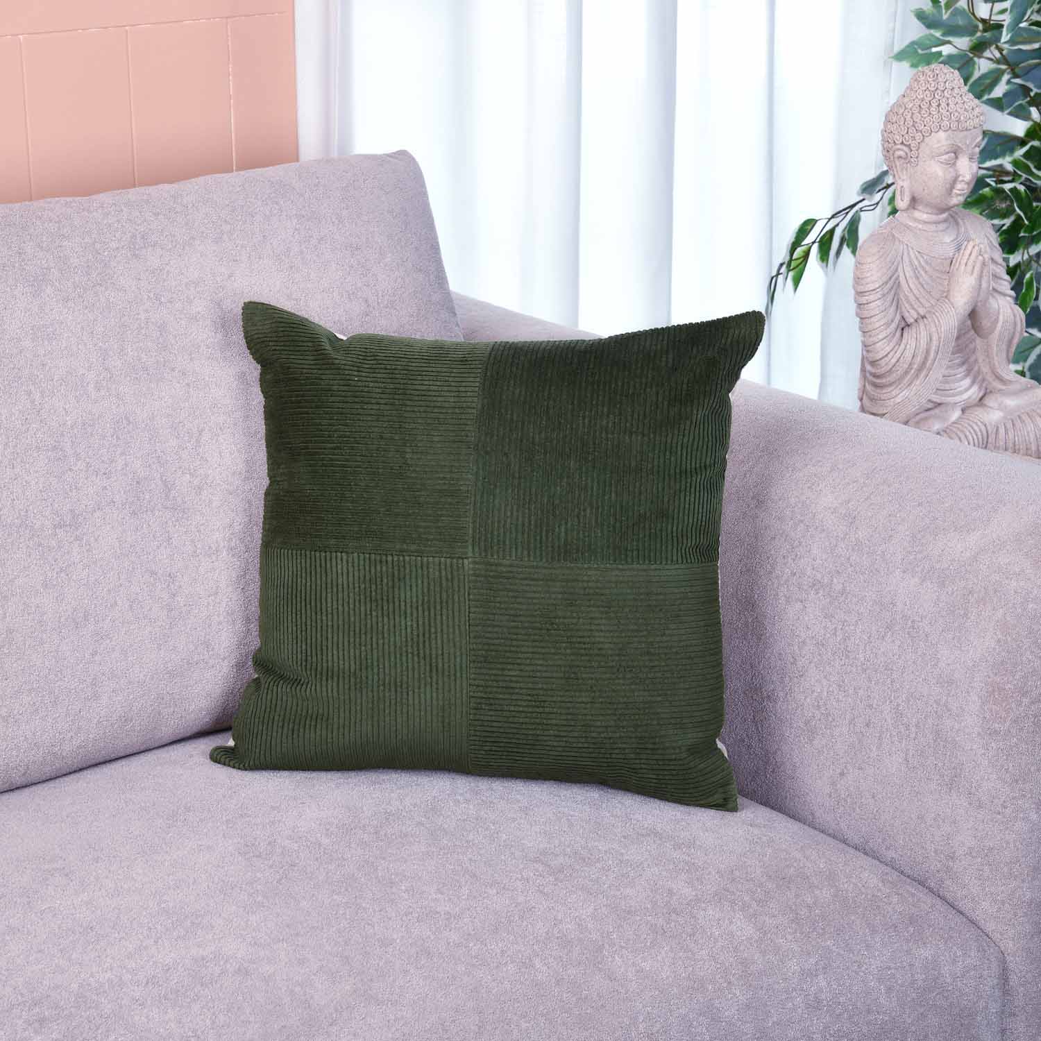 Corduroy Pattern Cotton Velvet Filled Cushion- Green