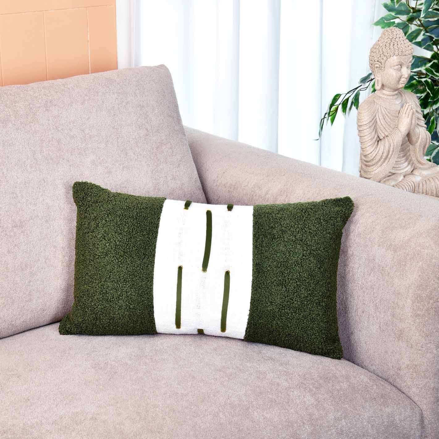 Boucle Fabric Filled Cushion- Green And Off-white