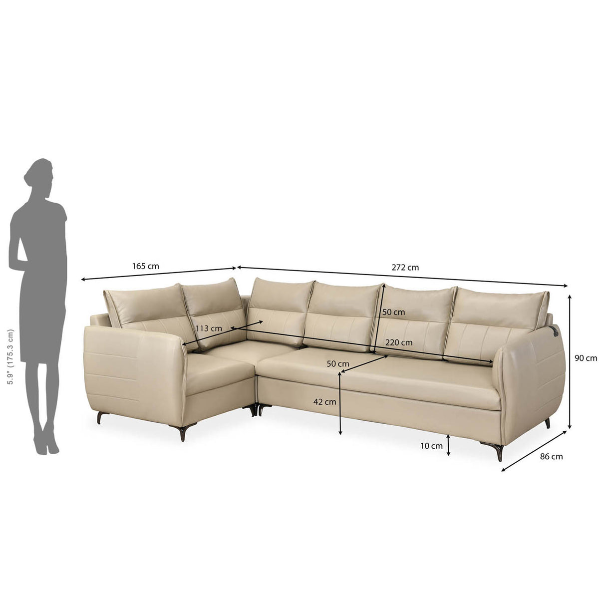 Infinia 3+1+1 Seater Leatherette Sofa Set with Right Corner Sofa- Beige