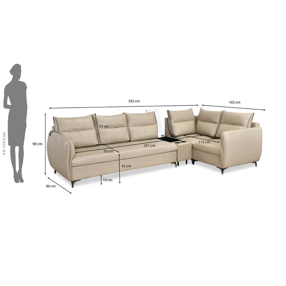 Infinia 3+1+1 Seater Leatherette Sofa Set with Left Corner Sofa and Rectangle Console- Beige