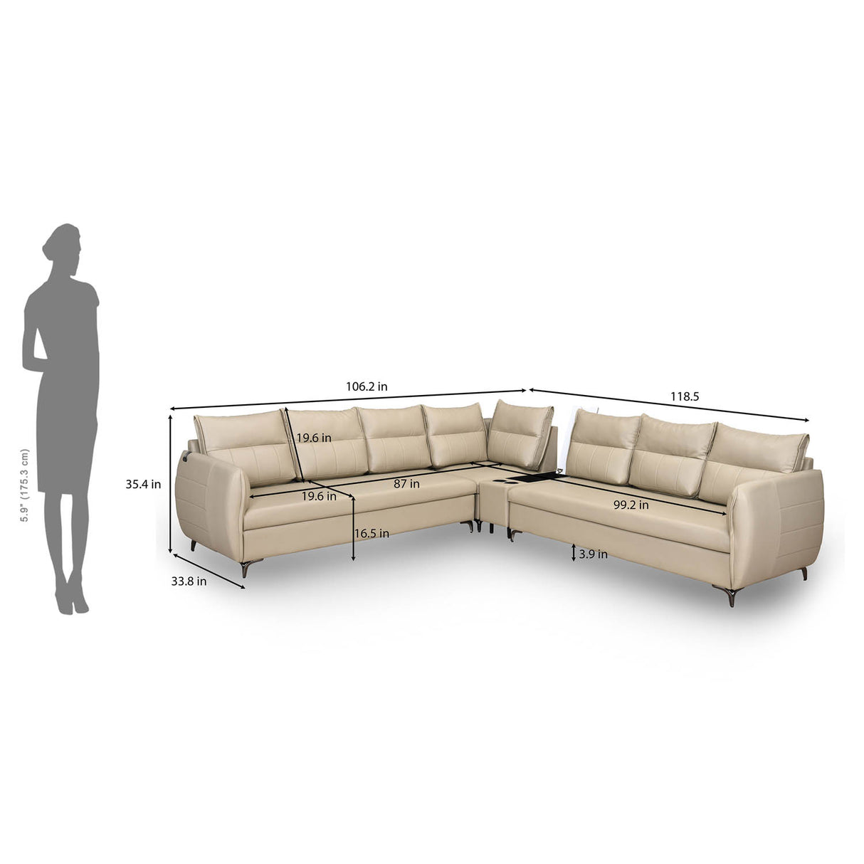 Infinia 3+3+1 Seater Leatherette Sofa Set with Right Corner Sofa and Rectangle Console- Beige